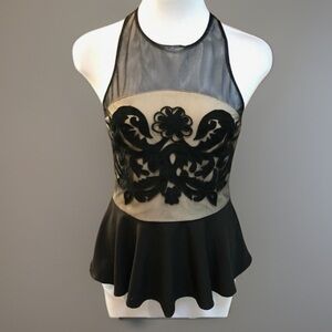 Vintage Black Mesh Nude Embroidered Peplum Top